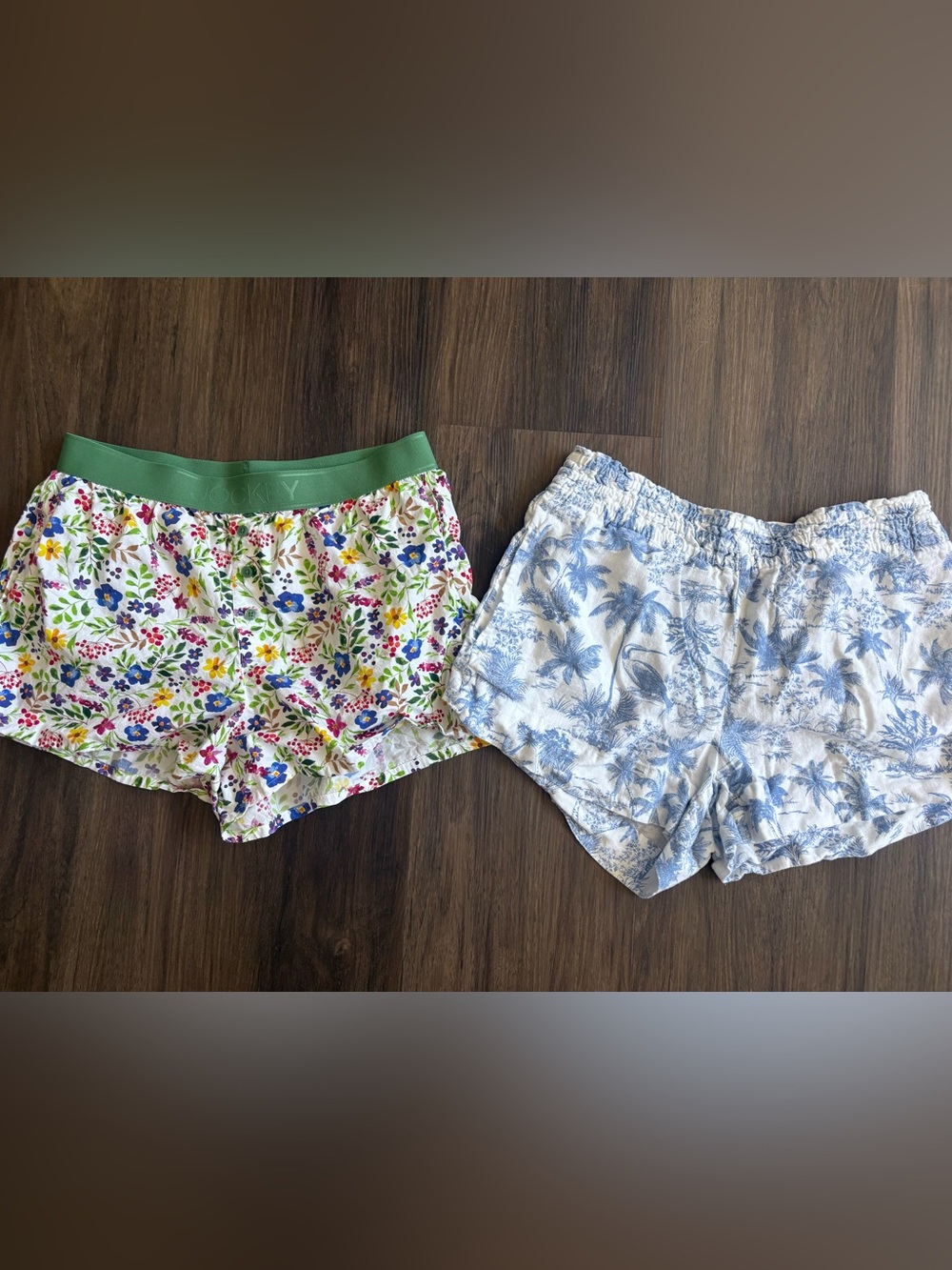 Summertime! Floral Green Waistband Boxer Shorts + Blue Palm Print Lounge Shorts
